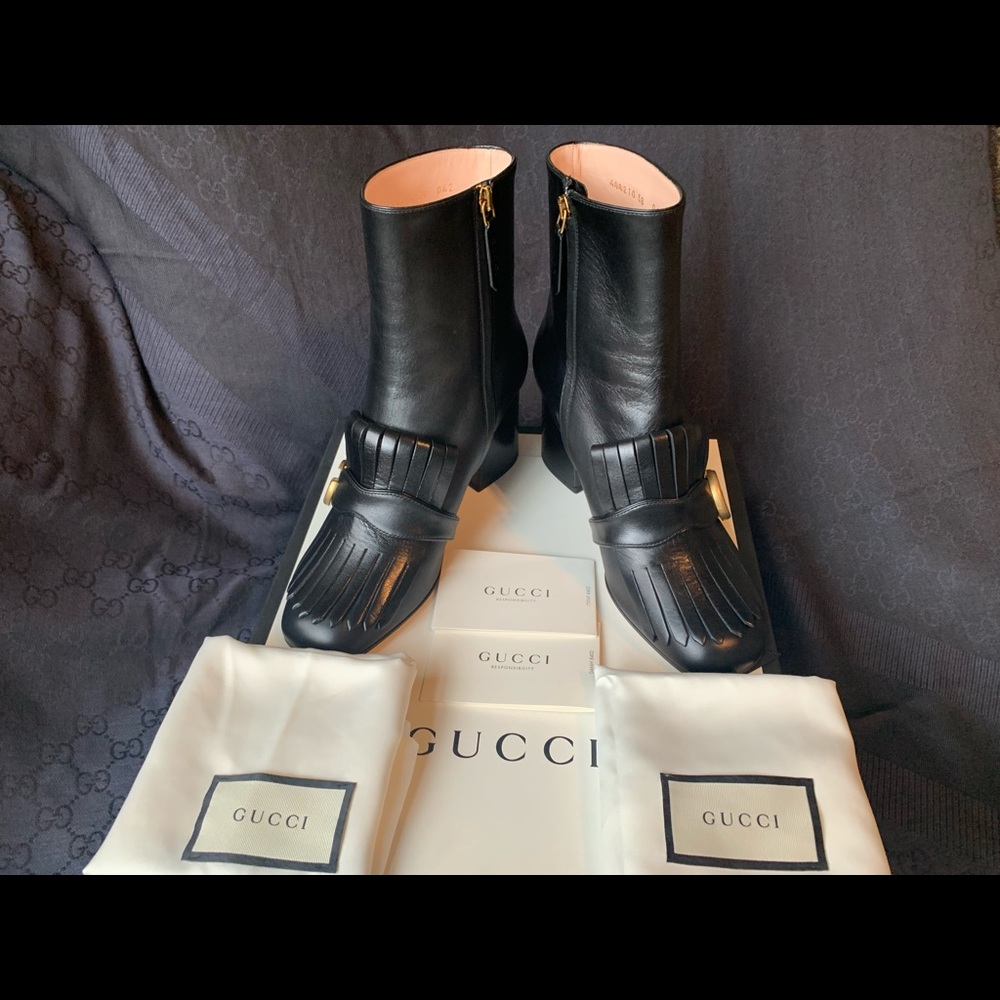 Gucci GG Marmont Malaga Kid Fringe Calfskin Leather Ankle Boots, size 38.5